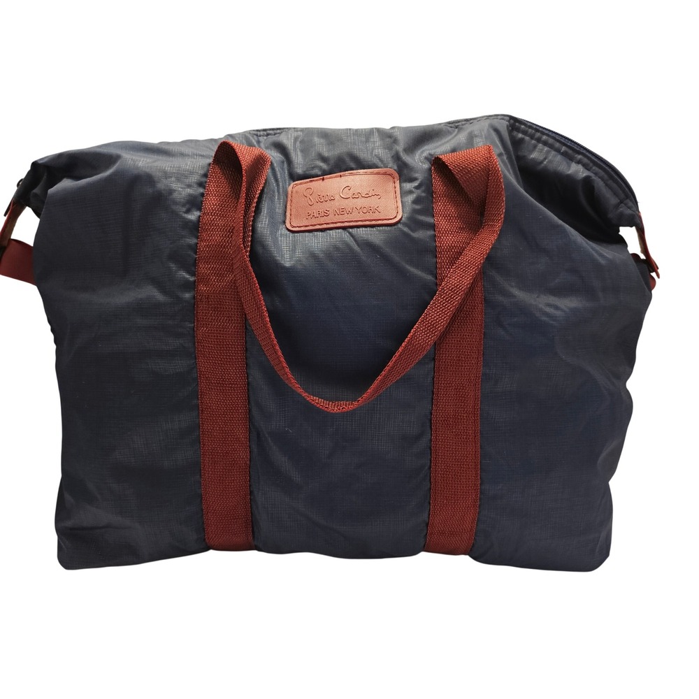 Pierre Cardin Navy Blue Ripstop Nylon Duffel Bag Burgundy Handles Weekend Travel